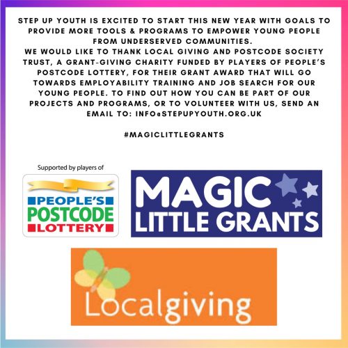 Step Up Youth is excited to start this new year with goals to provide more tools & programs to empower young people from underserved communities. We would like to thank @Localgiving and Postcode Society Trust, a grant-giving charity funded by players of